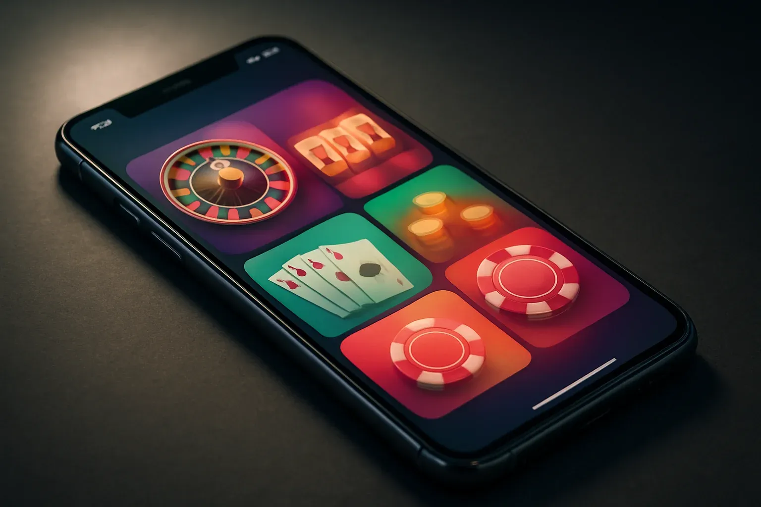Ultra-realistic Android smartphone displaying colorful casino-style app interface on dark surface