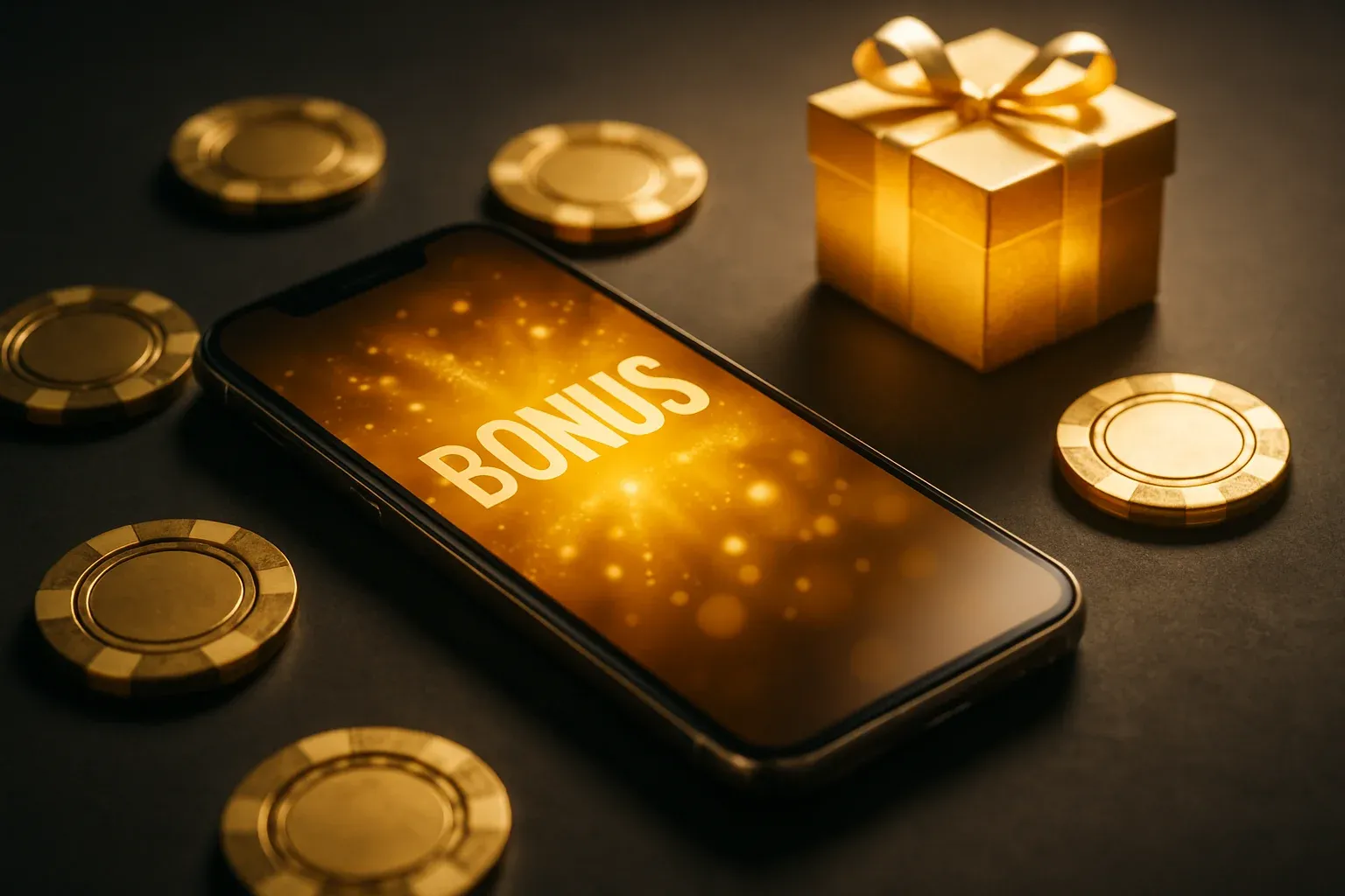 Sleek smartphone with golden casino chips and glowing gift box
