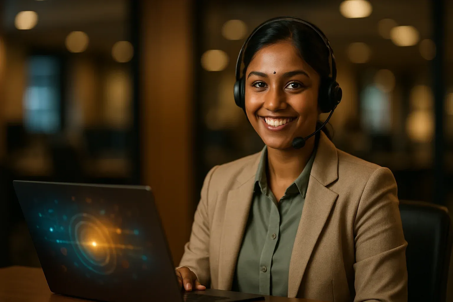 Smiling Bangladeshi customer service representative at desk with laptop in warm office