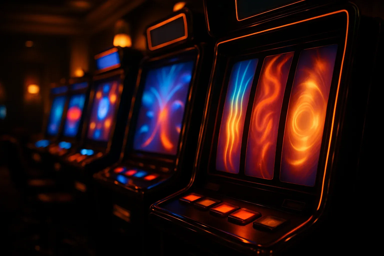 Ultra-realistic casino games collection with glowing slot screens in neon lounge