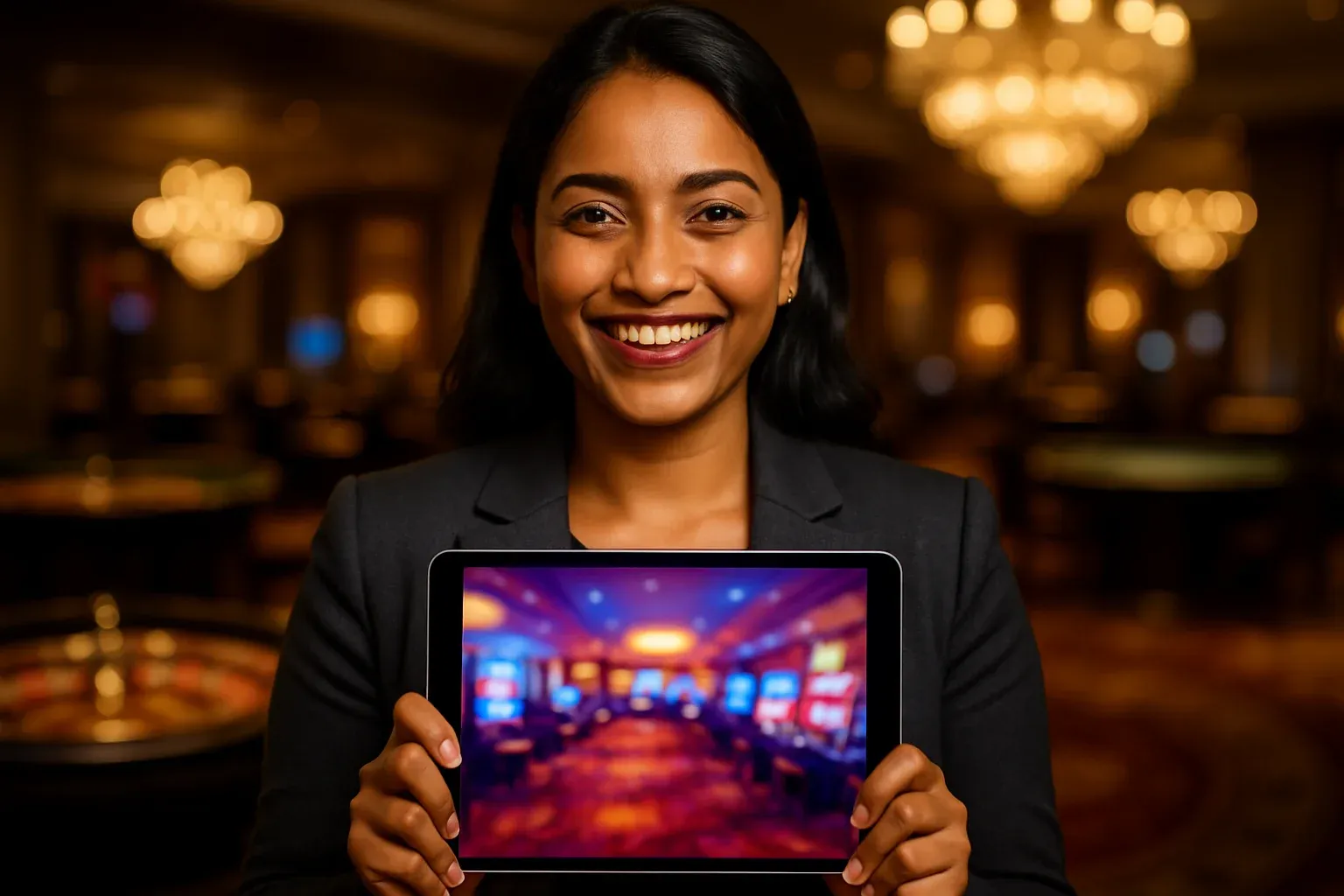 Happy Bangladeshi woman in blazer holding glowing tablet in blurred casino