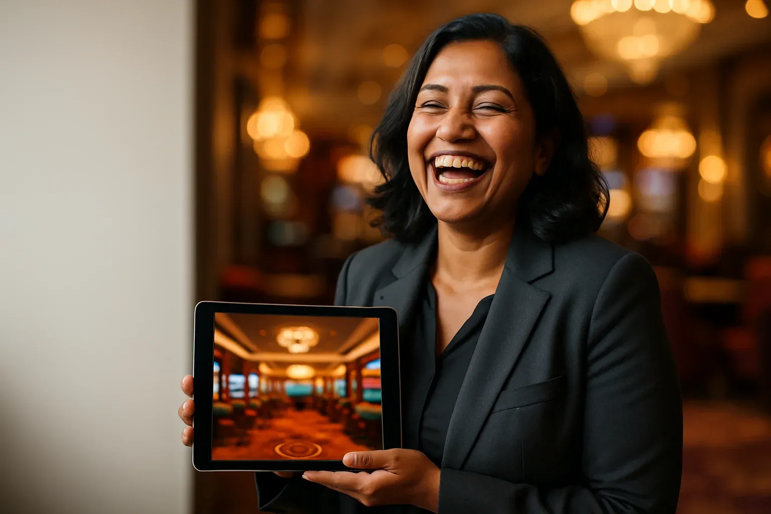 Happy Bangladeshi woman in blazer holding tablet with blurred casino lobby screen