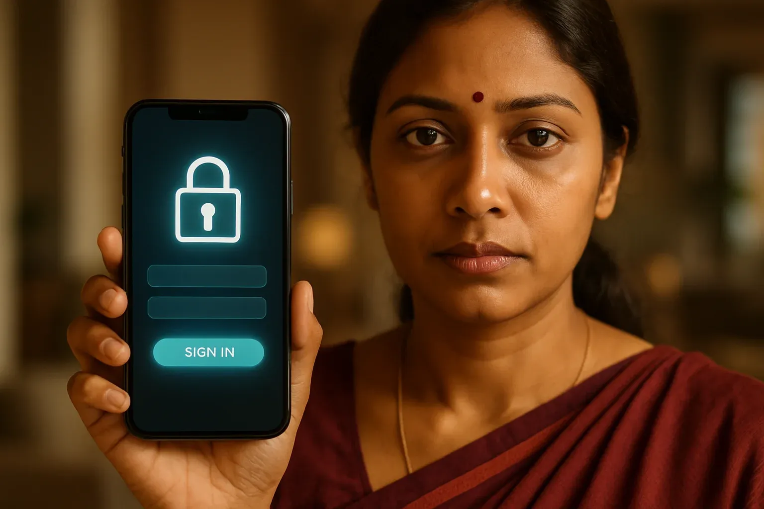 Bangladeshi woman holding smartphone showing stylized login screen indoors
