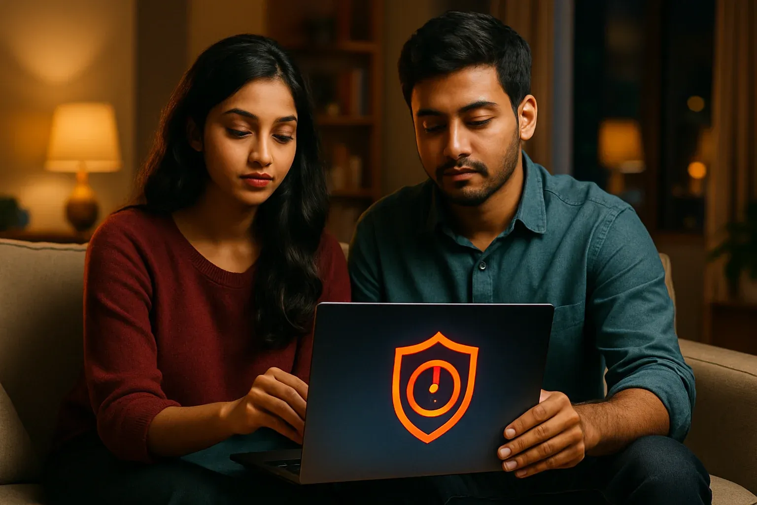 Young Bangladeshi couple calmly closing laptop with time-to-stop icon